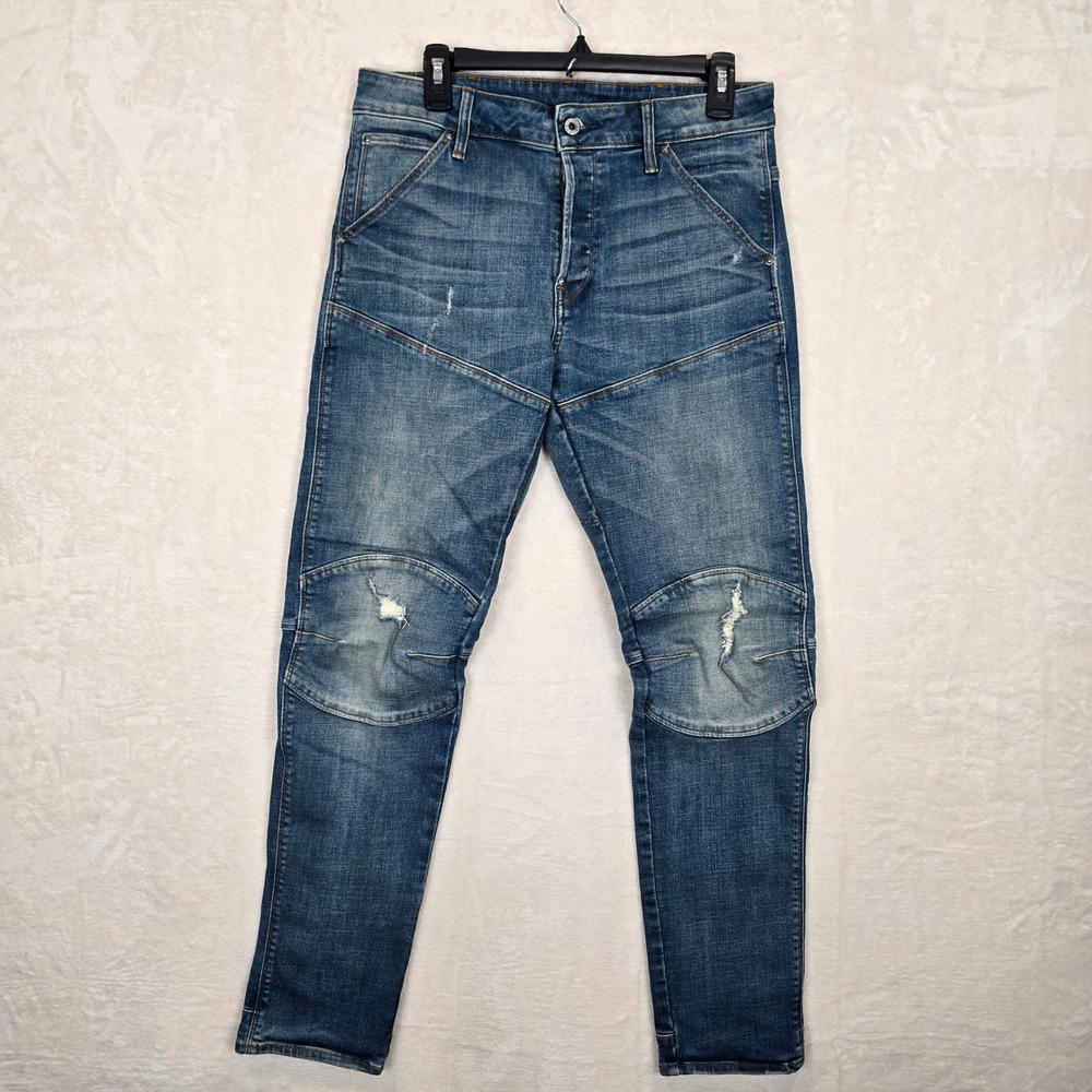 G-Star Raw 5620 3D Slim Elwood Jeans Mens 31x32 Blue Distressed Moto Denim
